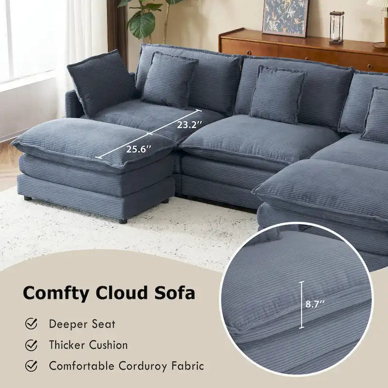 Modulares Sofa, gepolstertes Cord-L-förmiges Sektionssofa mit seitlichen Aufbewahrungstaschen und beweglichem Ottoman