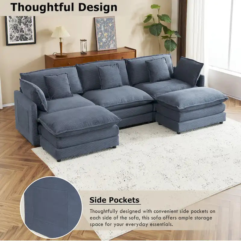 Modulares Sofa, gepolstertes Cord-L-förmiges Sektionssofa mit seitlichen Aufbewahrungstaschen und beweglichem Ottoman