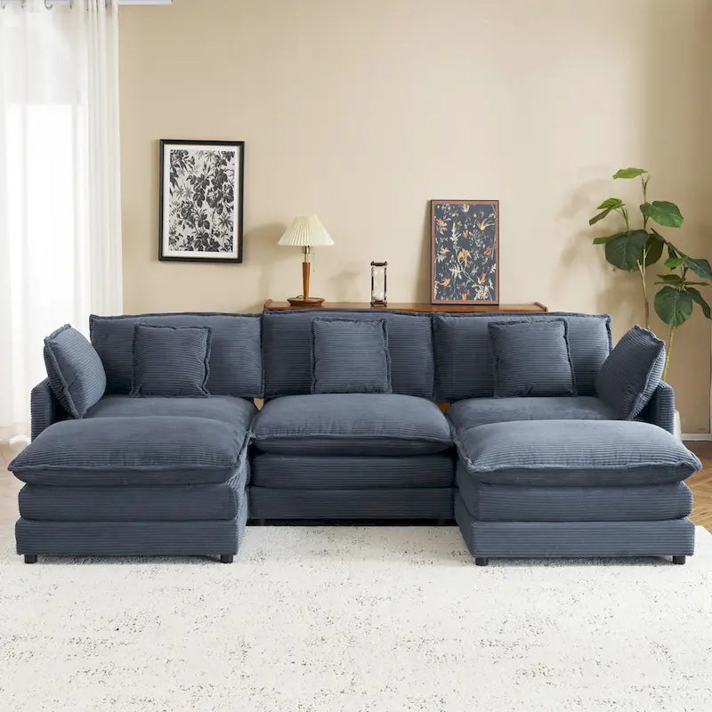 Modulares Sofa, gepolstertes Cord-L-förmiges Sektionssofa mit seitlichen Aufbewahrungstaschen und beweglichem Ottoman