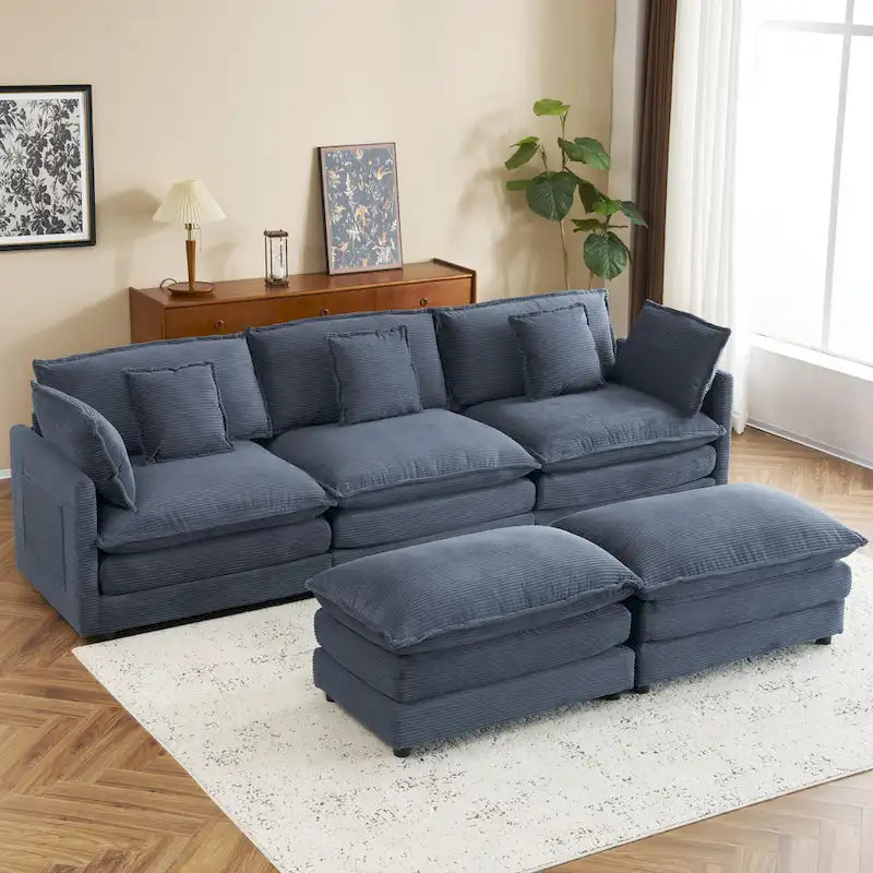 Modulares Sofa, gepolstertes Cord-L-förmiges Sektionssofa mit seitlichen Aufbewahrungstaschen und beweglichem Ottoman