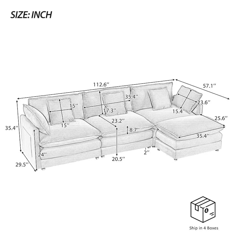 Schnittsofa mit beweglichem Ottoman Corduroy L-förmiges Polstersofa mit tiefer Sitzfläche, Lordosenkissen und Seitentaschen