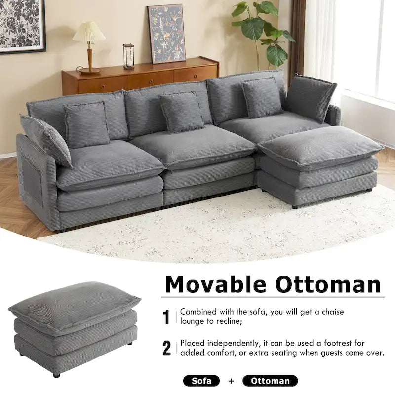 Schnittsofa mit beweglichem Ottoman Corduroy L-förmiges Polstersofa mit tiefer Sitzfläche, Lordosenkissen und Seitentaschen