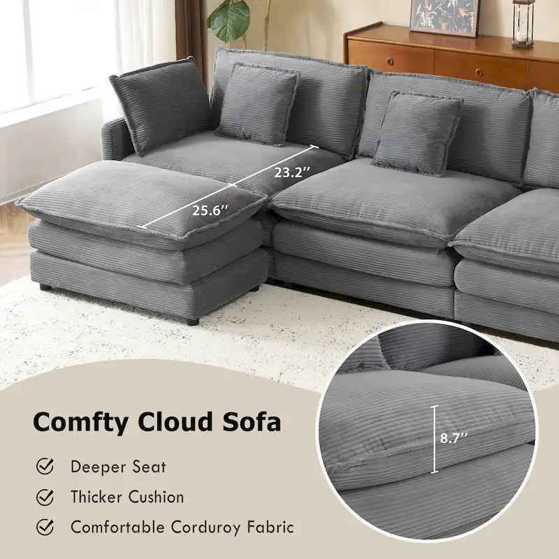 Schnittsofa mit beweglichem Ottoman Corduroy L-förmiges Polstersofa mit tiefer Sitzfläche, Lordosenkissen und Seitentaschen