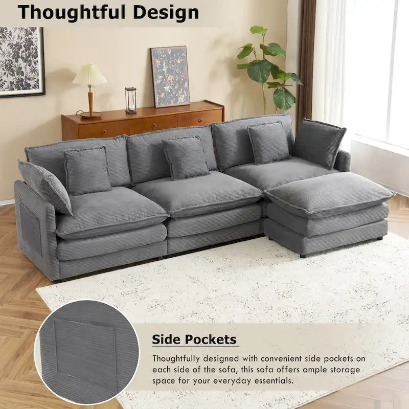 Schnittsofa mit beweglichem Ottoman Corduroy L-förmiges Polstersofa mit tiefer Sitzfläche, Lordosenkissen und Seitentaschen
