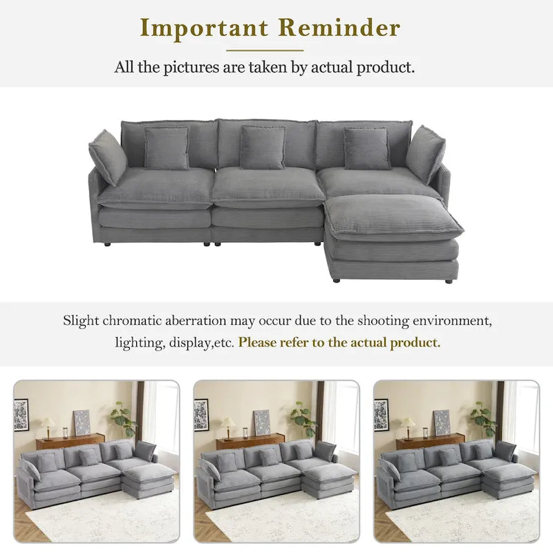 Schnittsofa mit beweglichem Ottoman Corduroy L-förmiges Polstersofa mit tiefer Sitzfläche, Lordosenkissen und Seitentaschen