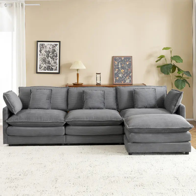 Schnittsofa mit beweglichem Ottoman Corduroy L-förmiges Polstersofa mit tiefer Sitzfläche, Lordosenkissen und Seitentaschen