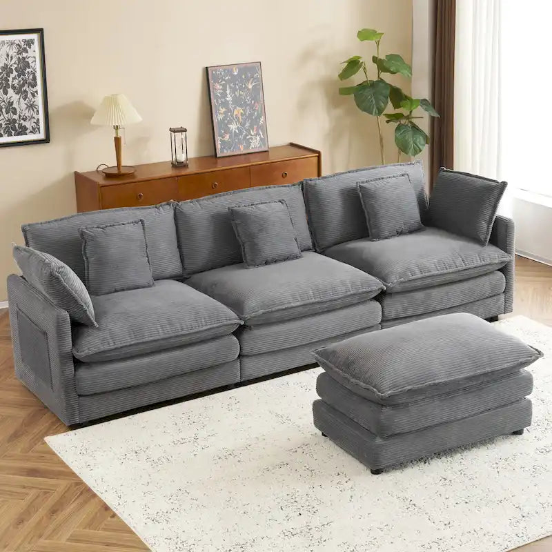 Schnittsofa mit beweglichem Ottoman Corduroy L-förmiges Polstersofa mit tiefer Sitzfläche, Lordosenkissen und Seitentaschen