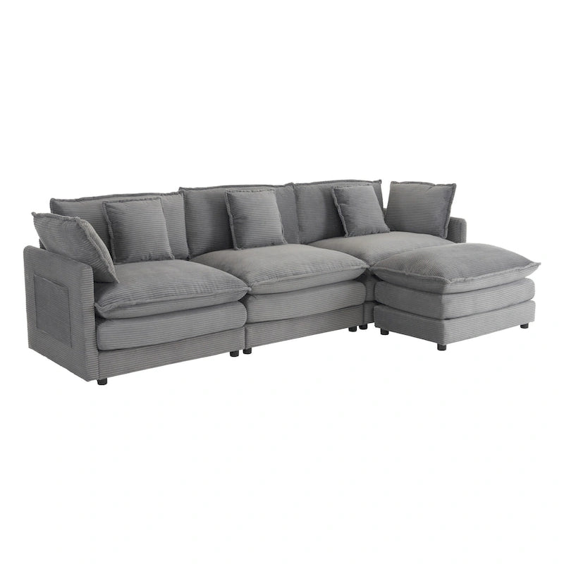 Schnittsofa mit beweglichem Ottoman Corduroy L-förmiges Polstersofa mit tiefer Sitzfläche, Lordosenkissen und Seitentaschen