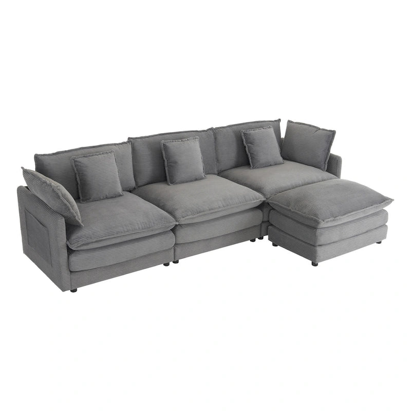 Schnittsofa mit beweglichem Ottoman Corduroy L-förmiges Polstersofa mit tiefer Sitzfläche, Lordosenkissen und Seitentaschen