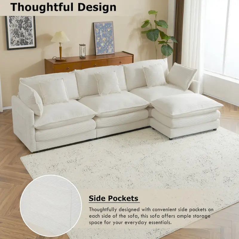 Schnittsofa mit beweglichem Ottoman Corduroy L-förmiges Polstersofa mit tiefer Sitzfläche, Lordosenkissen und Seitentaschen