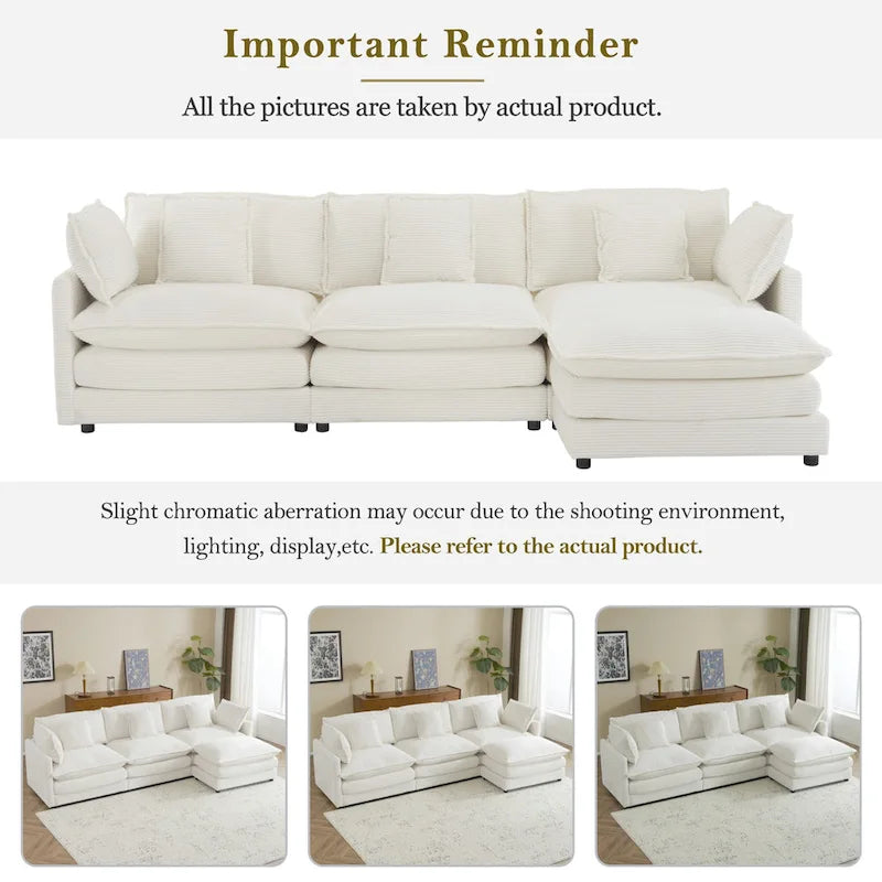 Schnittsofa mit beweglichem Ottoman Corduroy L-förmiges Polstersofa mit tiefer Sitzfläche, Lordosenkissen und Seitentaschen