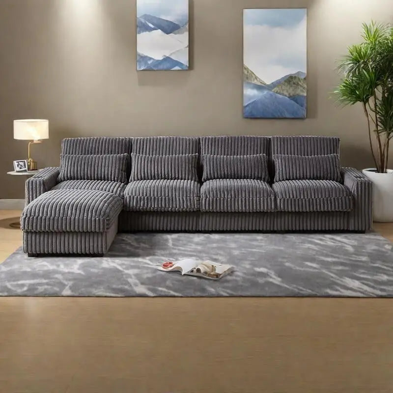 126 Cord-Sofa in L-Form mit Getränkehaltern und USB-/Type-C-Anschlüssen, beweglicher Fußstütze und 8 Kissen