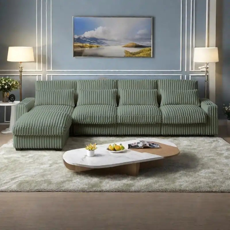 126 Cord-Sofa in L-Form mit Getränkehaltern und USB-/Type-C-Anschlüssen, beweglicher Fußstütze und 8 Kissen