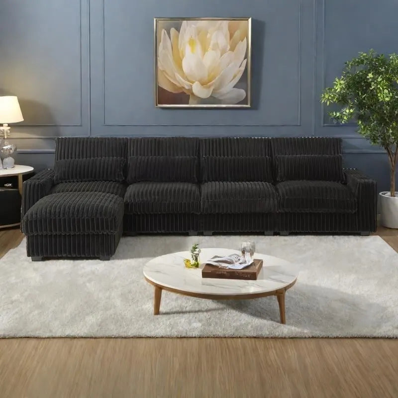 126 Cord-Sofa in L-Form mit Getränkehaltern und USB-/Type-C-Anschlüssen, beweglicher Fußstütze und 8 Kissen