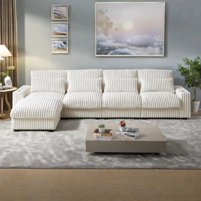126 Cord-Sofa in L-Form mit Getränkehaltern und USB-/Type-C-Anschlüssen, beweglicher Fußstütze und 8 Kissen