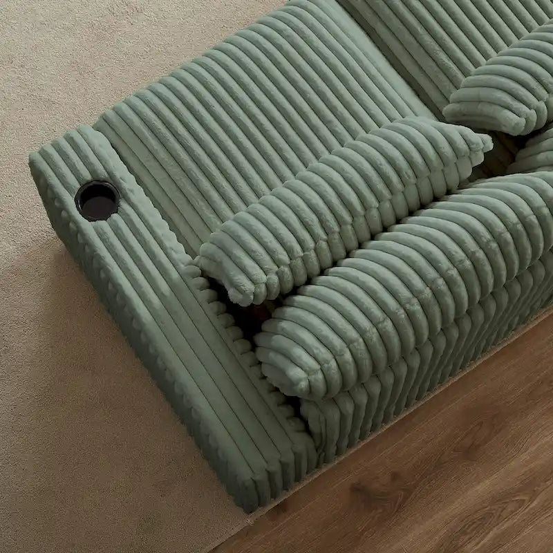 126 Cord-Sofa in L-Form mit Getränkehaltern und USB-/Type-C-Anschlüssen, beweglicher Fußstütze und 8 Kissen
