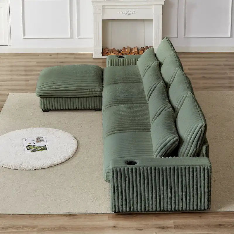 126 Cord-Sofa in L-Form mit Getränkehaltern und USB-/Type-C-Anschlüssen, beweglicher Fußstütze und 8 Kissen