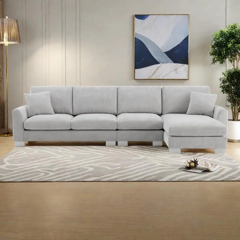 119 Chenille Ecksofa in L-Form mit Récamiere und 2 Kissen