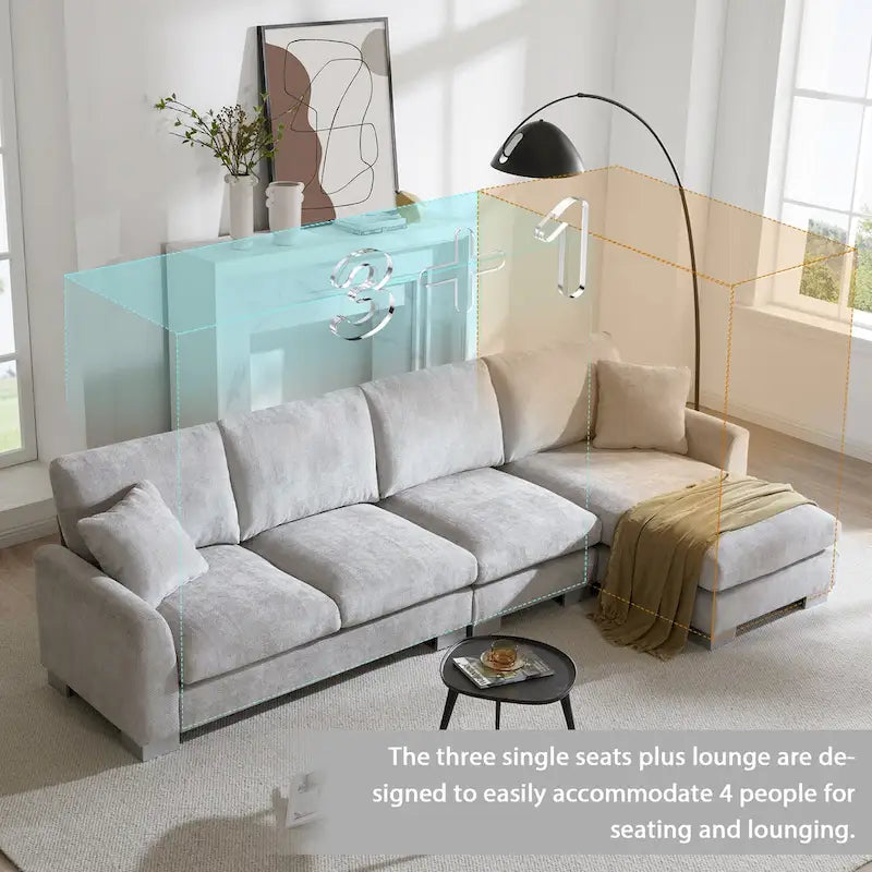 119 Chenille Ecksofa in L-Form mit Récamiere und 2 Kissen
