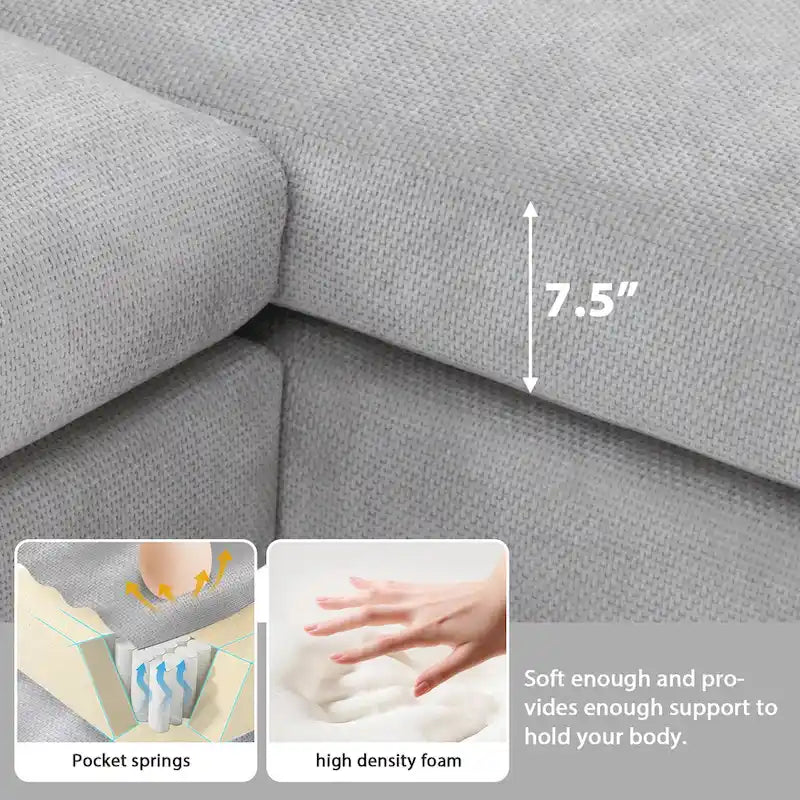 119 Chenille Ecksofa in L-Form mit Récamiere und 2 Kissen