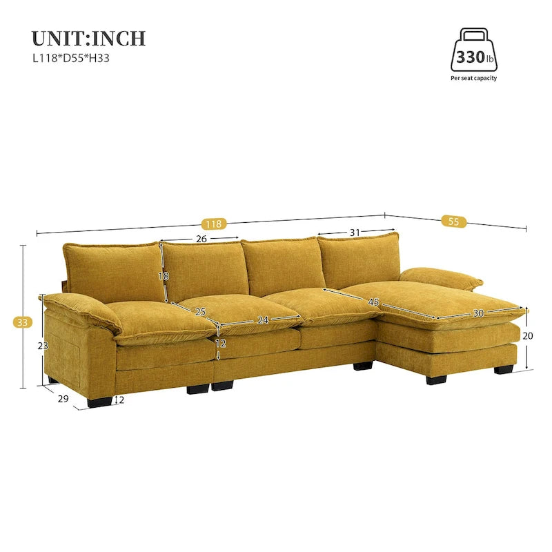 118 Chenille L-förmiges Sektionalsofa mit umkehrbarer Recamiere, 5-Sitzer Wolkencouch und Armlehnen-Stauraum & Kissen