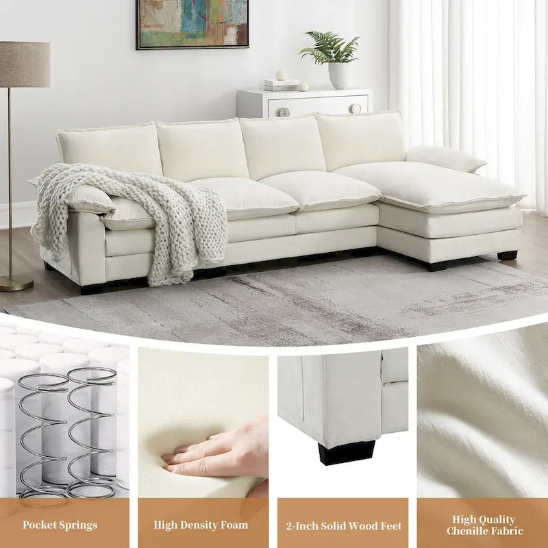 118 Chenille L-förmiges Sektionalsofa mit umkehrbarer Recamiere, 5-Sitzer Wolkencouch und Armlehnen-Stauraum & Kissen