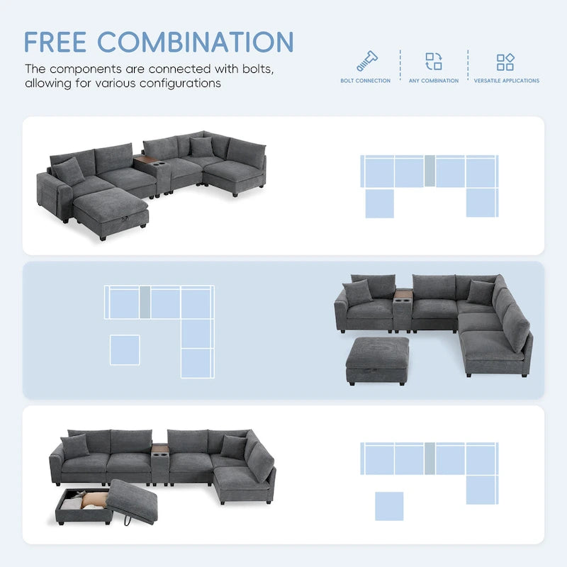 140 Cord-U-förmiges modulares Ecksofa mit Stauraum-Ottomane und Konsole, USB-Ladegerät, Getränkehaltern und 76 cm breiten Sitzen