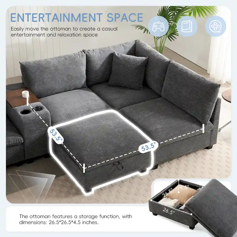 140 Cord-U-förmiges modulares Ecksofa mit Stauraum-Ottomane und Konsole, USB-Ladegerät, Getränkehaltern und 76 cm breiten Sitzen