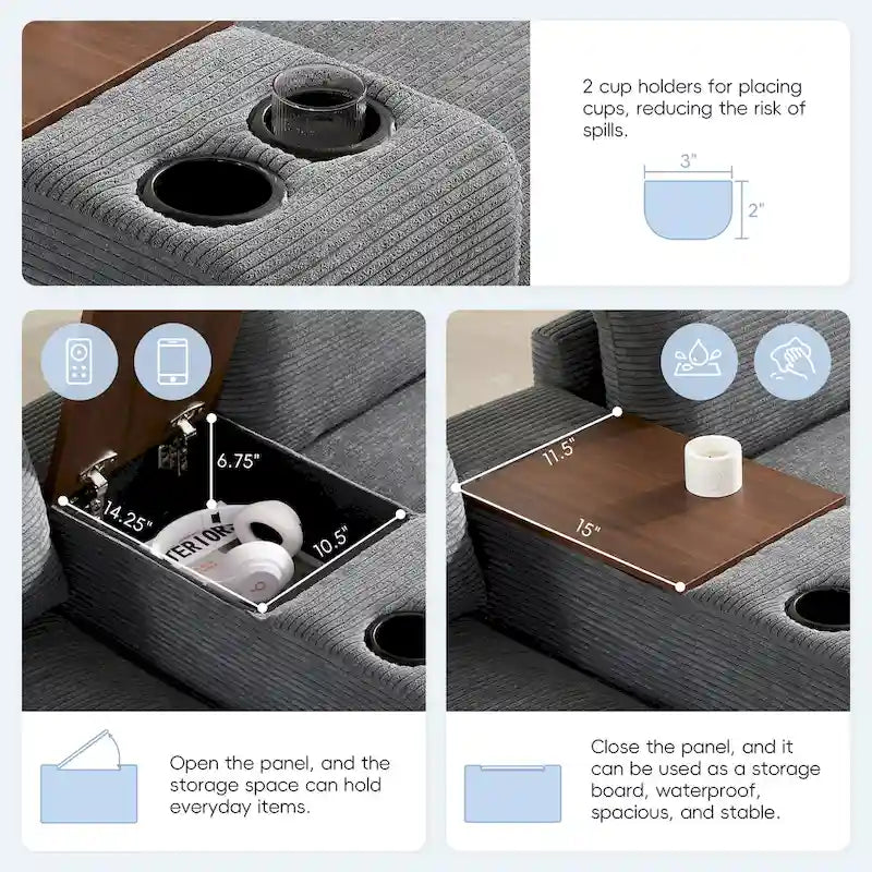 140 Cord-U-förmiges modulares Ecksofa mit Stauraum-Ottomane und Konsole, USB-Ladegerät, Getränkehaltern und 76 cm breiten Sitzen