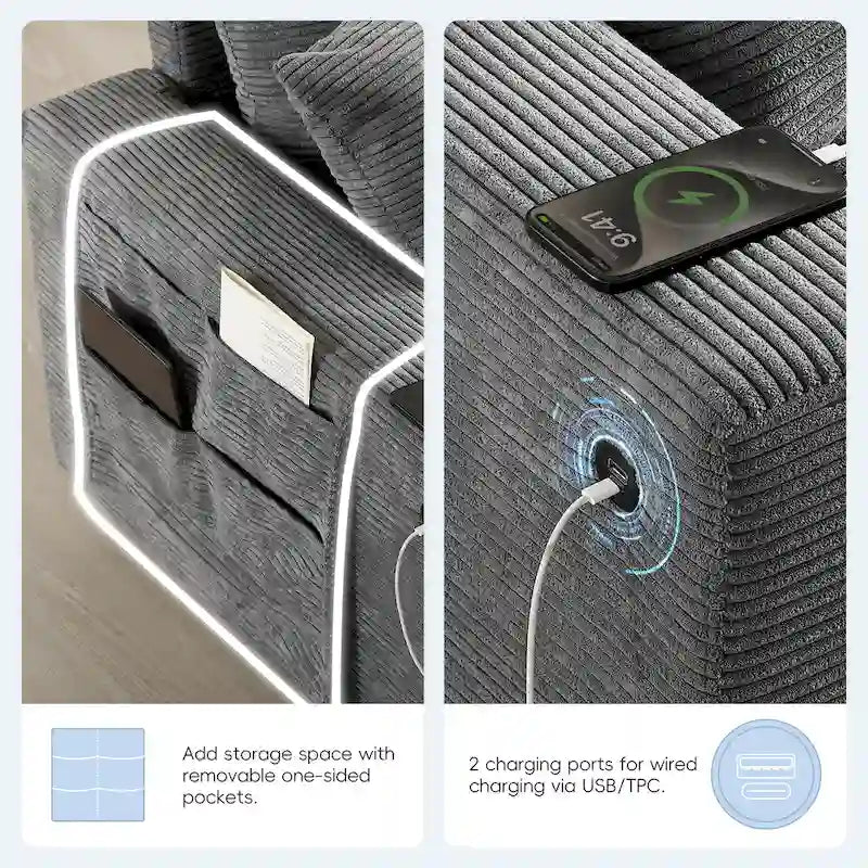 140 Cord-U-förmiges modulares Ecksofa mit Stauraum-Ottomane und Konsole, USB-Ladegerät, Getränkehaltern und 76 cm breiten Sitzen