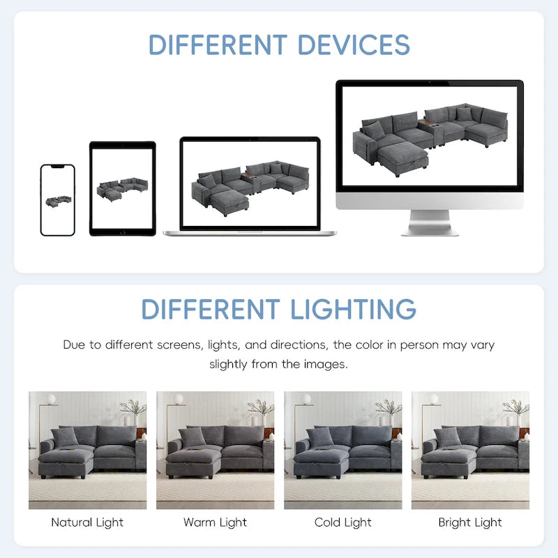 140 Cord-U-förmiges modulares Ecksofa mit Stauraum-Ottomane und Konsole, USB-Ladegerät, Getränkehaltern und 76 cm breiten Sitzen