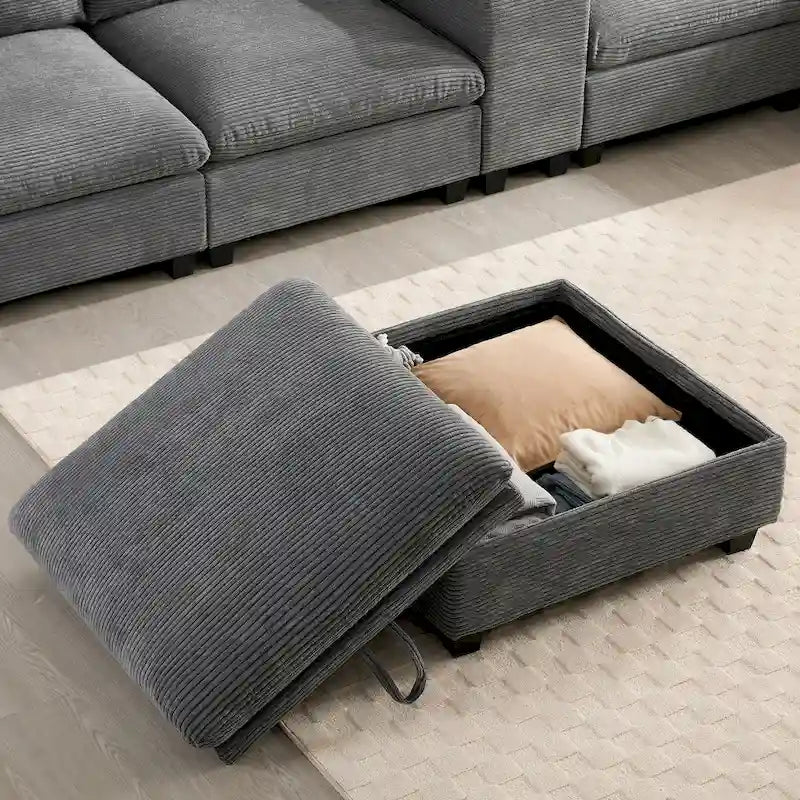 140 Cord-U-förmiges modulares Ecksofa mit Stauraum-Ottomane und Konsole, USB-Ladegerät, Getränkehaltern und 76 cm breiten Sitzen