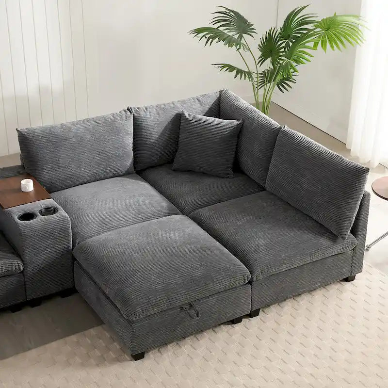 140 Cord-U-förmiges modulares Ecksofa mit Stauraum-Ottomane und Konsole, USB-Ladegerät, Getränkehaltern und 76 cm breiten Sitzen