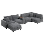 140 Cord-U-förmiges modulares Ecksofa mit Stauraum-Ottomane und Konsole, USB-Ladegerät, Getränkehaltern und 76 cm breiten Sitzen