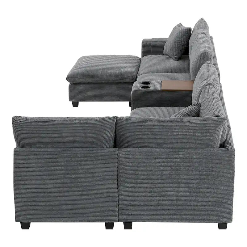 140 Cord-U-förmiges modulares Ecksofa mit Stauraum-Ottomane und Konsole, USB-Ladegerät, Getränkehaltern und 76 cm breiten Sitzen