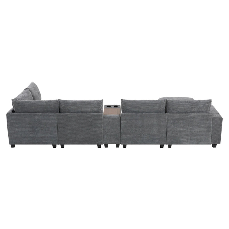 140 Cord-U-förmiges modulares Ecksofa mit Stauraum-Ottomane und Konsole, USB-Ladegerät, Getränkehaltern und 76 cm breiten Sitzen
