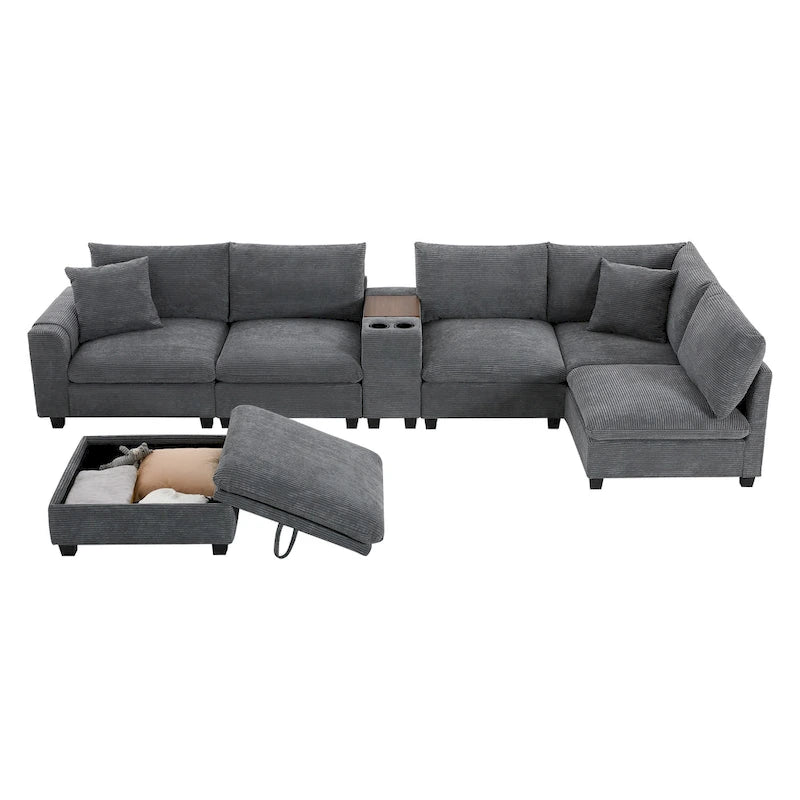 140 Cord-U-förmiges modulares Ecksofa mit Stauraum-Ottomane und Konsole, USB-Ladegerät, Getränkehaltern und 76 cm breiten Sitzen