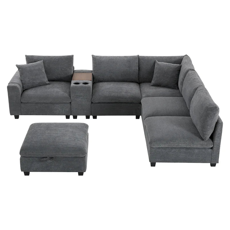 140 Cord-U-förmiges modulares Ecksofa mit Stauraum-Ottomane und Konsole, USB-Ladegerät, Getränkehaltern und 76 cm breiten Sitzen