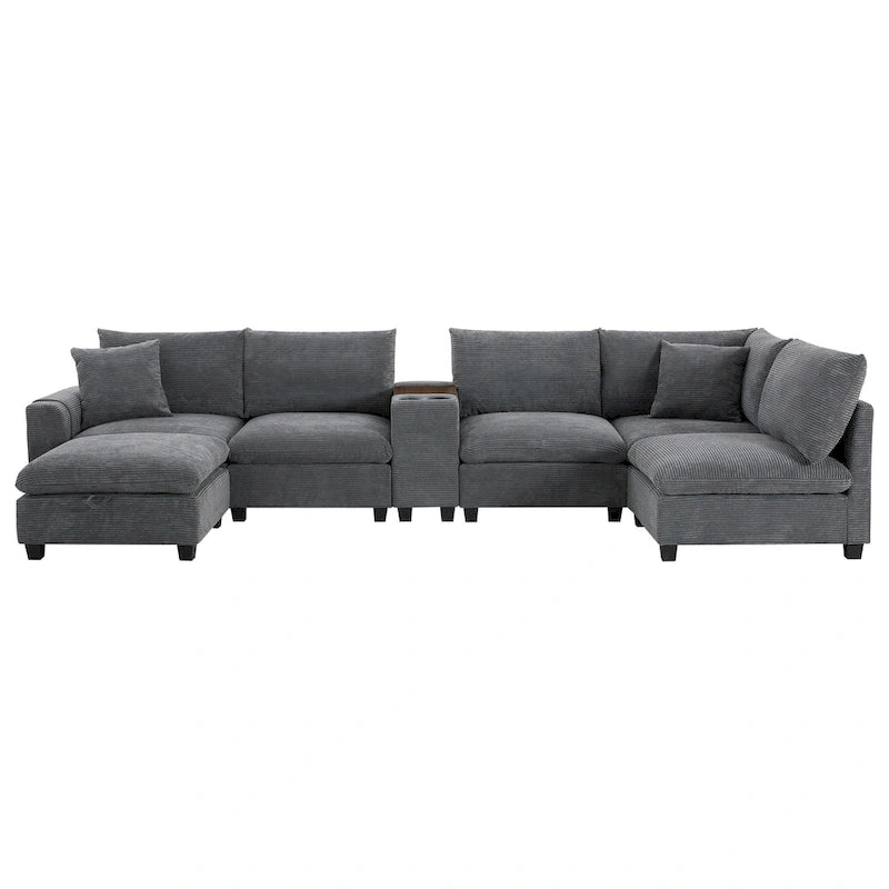 140 Cord-U-förmiges modulares Ecksofa mit Stauraum-Ottomane und Konsole, USB-Ladegerät, Getränkehaltern und 76 cm breiten Sitzen