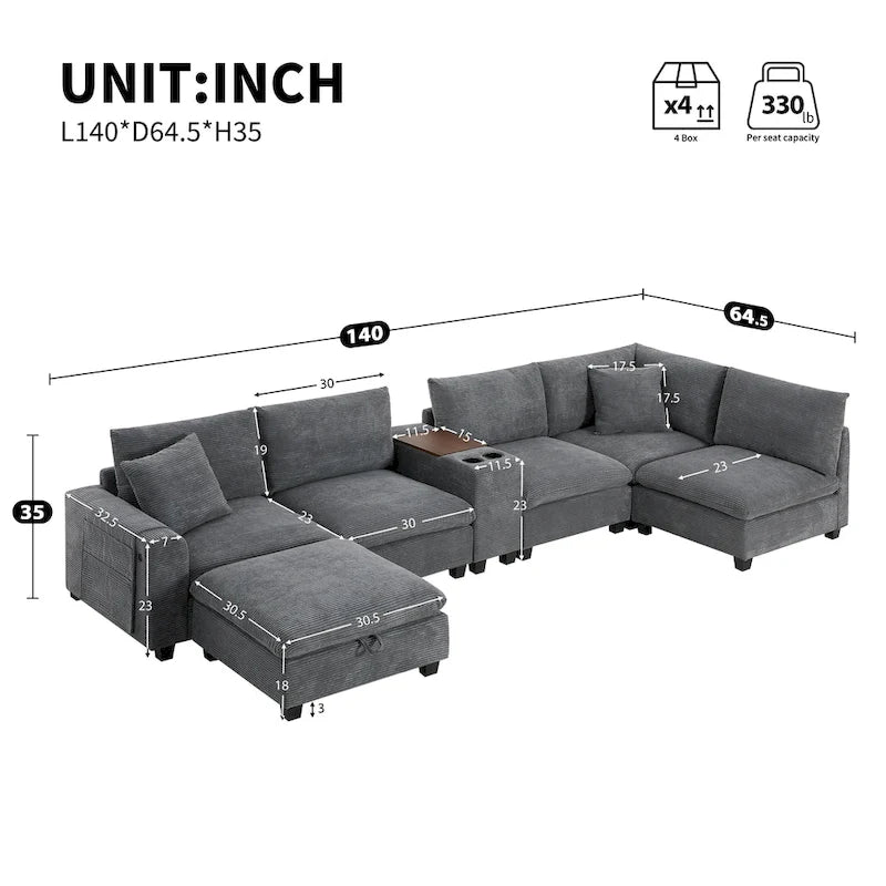 140 Cord-U-förmiges modulares Ecksofa mit Stauraum-Ottomane und Konsole, USB-Ladegerät, Getränkehaltern und 76 cm breiten Sitzen