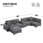 140 Cord-U-förmiges modulares Ecksofa mit Stauraum-Ottomane und Konsole, USB-Ladegerät, Getränkehaltern und 76 cm breiten Sitzen