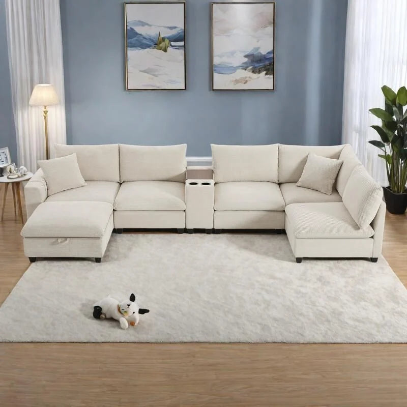 140 Cord-U-förmiges modulares Ecksofa mit Stauraum-Ottomane und Konsole, USB-Ladegerät, Getränkehaltern und 76 cm breiten Sitzen