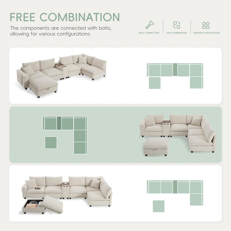 140 Cord-U-förmiges modulares Ecksofa mit Stauraum-Ottomane und Konsole, USB-Ladegerät, Getränkehaltern und 76 cm breiten Sitzen