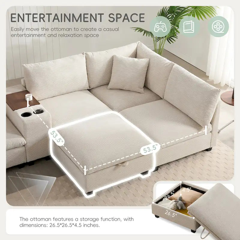 140 Cord-U-förmiges modulares Ecksofa mit Stauraum-Ottomane und Konsole, USB-Ladegerät, Getränkehaltern und 76 cm breiten Sitzen