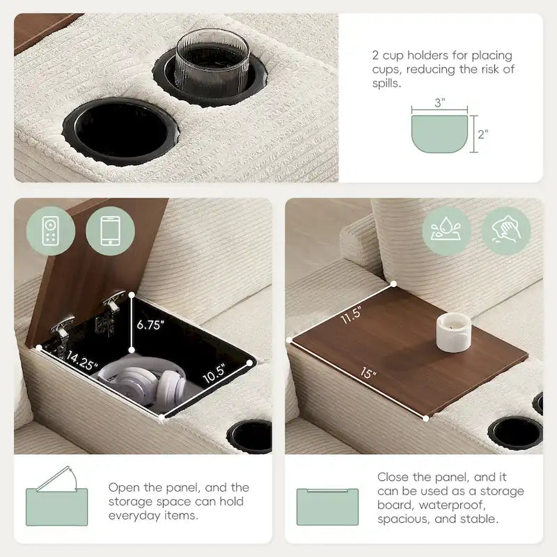 140 Cord-U-förmiges modulares Ecksofa mit Stauraum-Ottomane und Konsole, USB-Ladegerät, Getränkehaltern und 76 cm breiten Sitzen