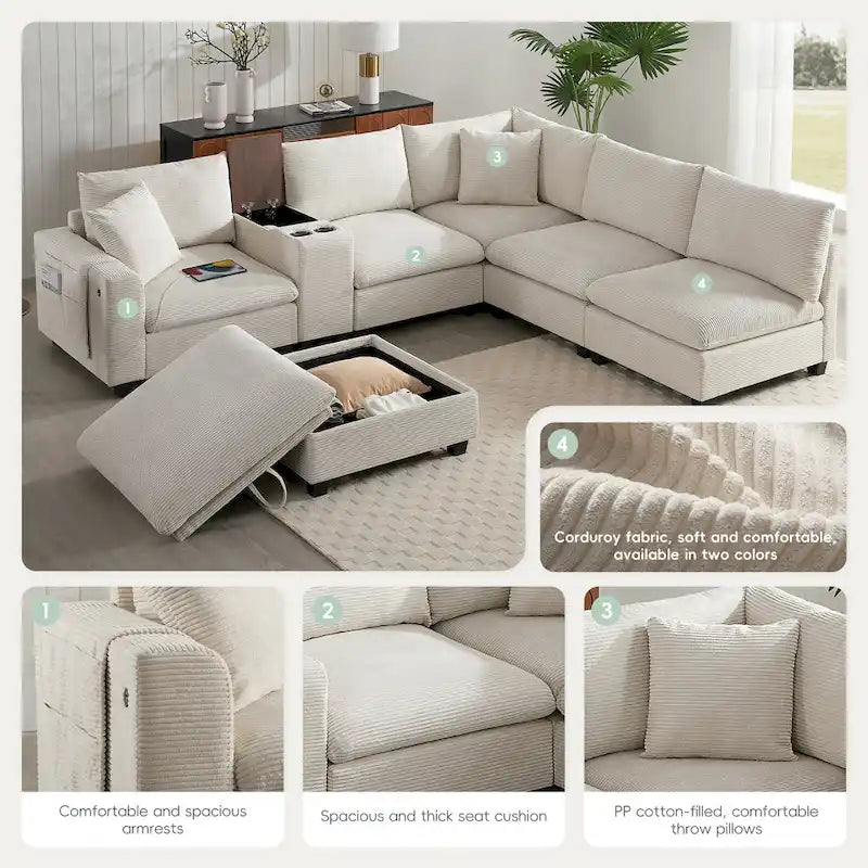 140 Cord-U-förmiges modulares Ecksofa mit Stauraum-Ottomane und Konsole, USB-Ladegerät, Getränkehaltern und 76 cm breiten Sitzen