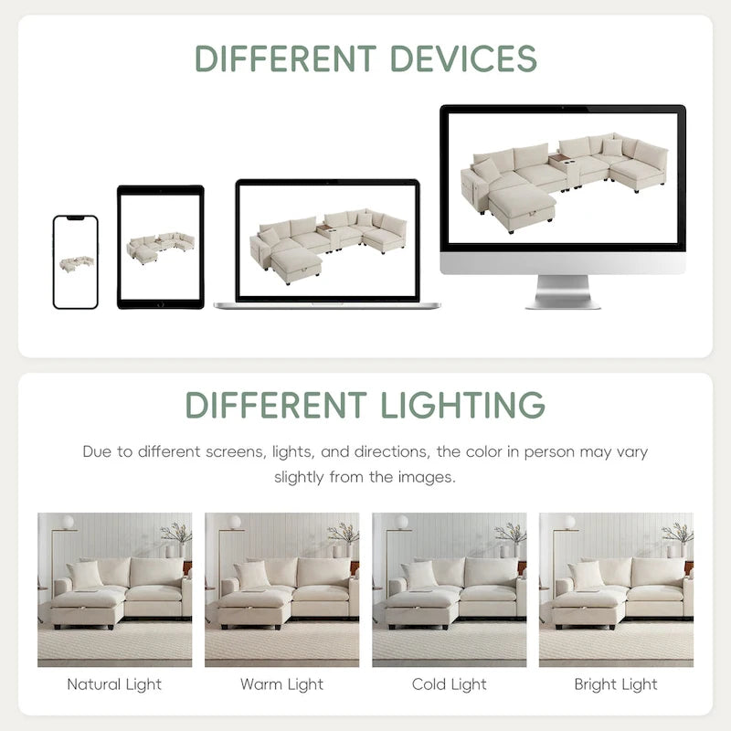 140 Cord-U-förmiges modulares Ecksofa mit Stauraum-Ottomane und Konsole, USB-Ladegerät, Getränkehaltern und 76 cm breiten Sitzen