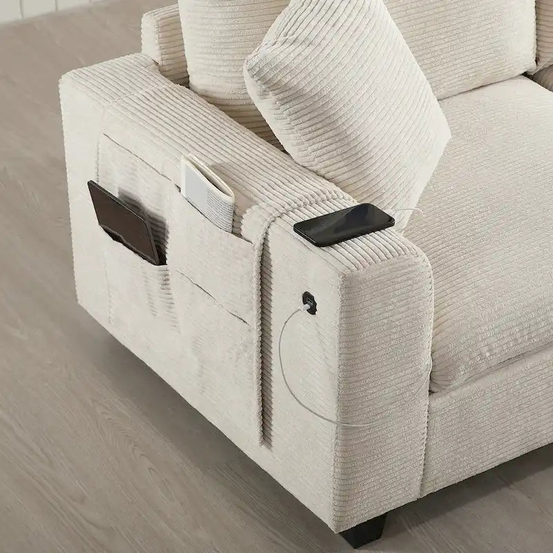 140 Cord-U-förmiges modulares Ecksofa mit Stauraum-Ottomane und Konsole, USB-Ladegerät, Getränkehaltern und 76 cm breiten Sitzen