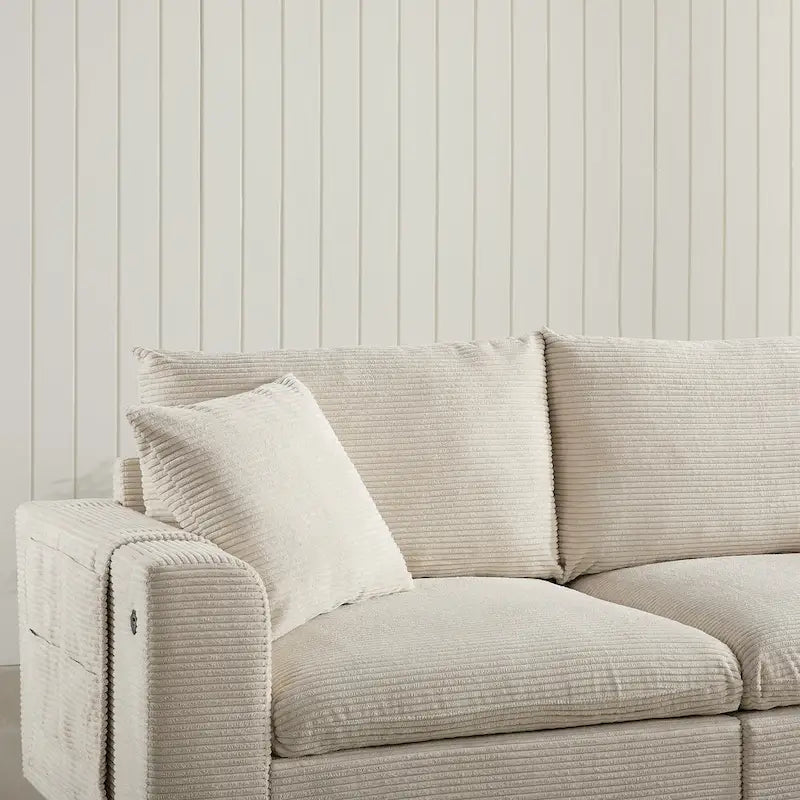 140 Cord-U-förmiges modulares Ecksofa mit Stauraum-Ottomane und Konsole, USB-Ladegerät, Getränkehaltern und 76 cm breiten Sitzen
