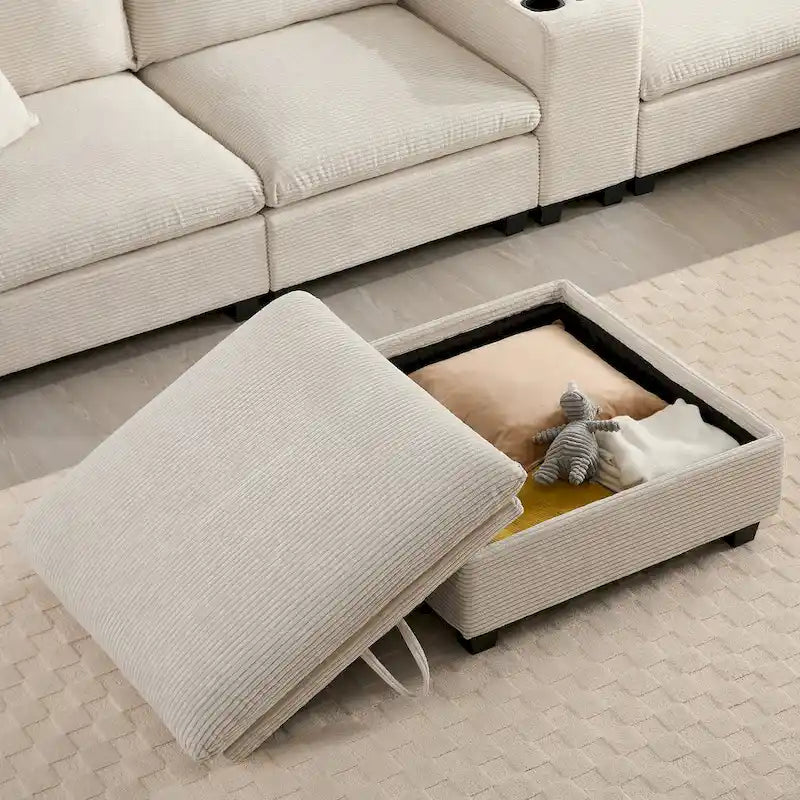 140 Cord-U-förmiges modulares Ecksofa mit Stauraum-Ottomane und Konsole, USB-Ladegerät, Getränkehaltern und 76 cm breiten Sitzen